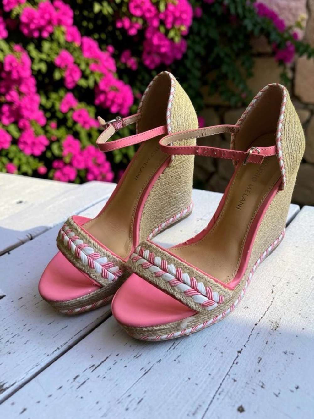 ANTONIO MELANI Pink and Natural Espadrille Wedge Sandals